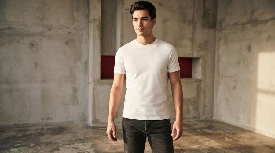 Model in a plain white VAANAR tee against a concrete wall