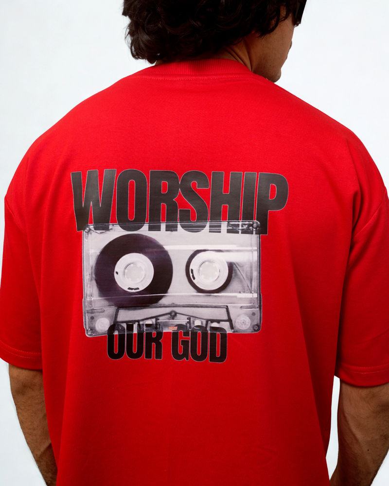 Back of a red Worship tee with cassette print