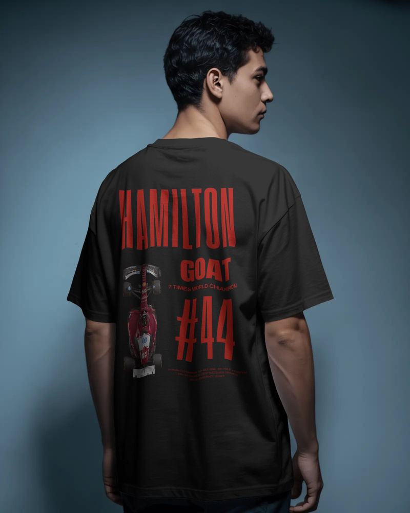 Back of a black Hamilton Goat 44 tee