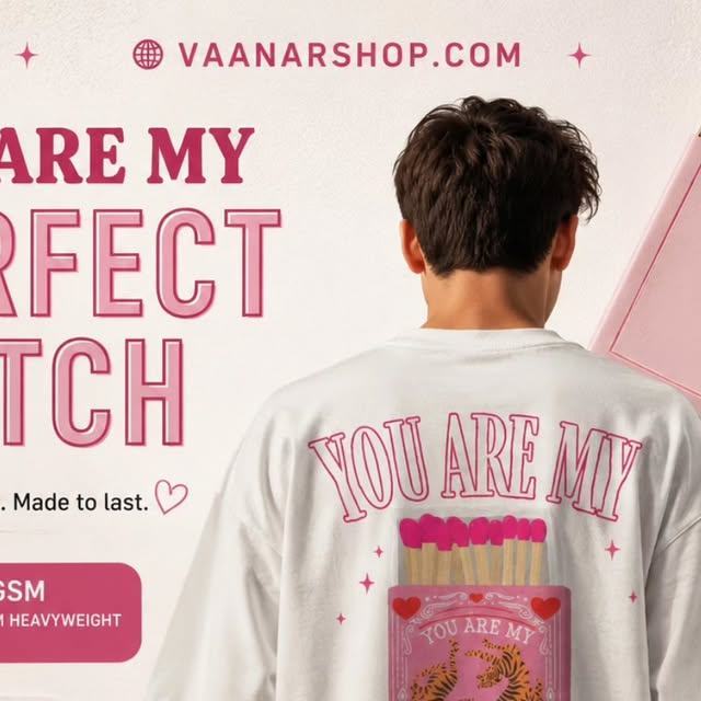 Model in a white VAANAR oversized tee with the You Are My Perfect Match back print