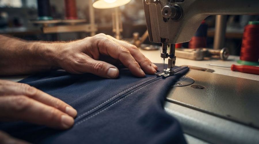 Hands guiding dark cotton fabric through a flat-bed stitching machine